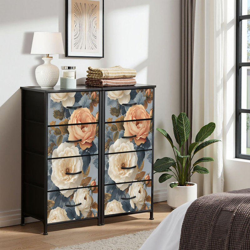 Commode pour commode de chambre à coucher pour commode sans couture Roses de jardin et commodes de rangement en tissu avec 4 tiroirs