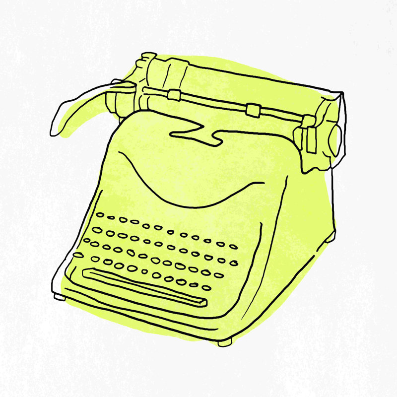 Machine à écrire jaune sur toile tendue, H 12 po x l 12 po
