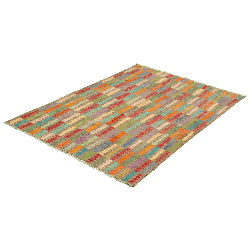 Tapis décoratif en laine noué à la main de conception unique 5 pi 7 po x 8 pi « New Age » en bleu/vert/rouge/orange
