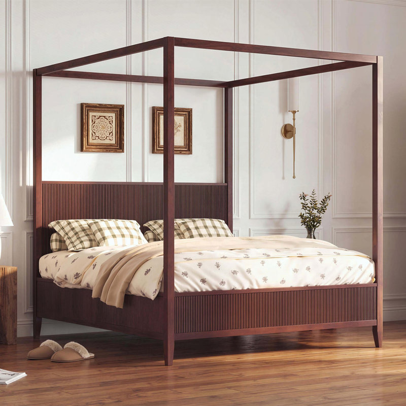 Très grand lit plateforme à baldaquin en bois avec tête de lit cannelée, Très grand lit, Espresso
