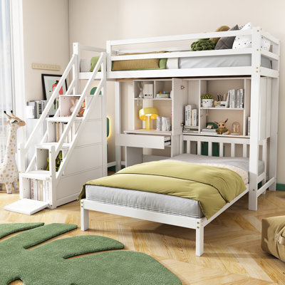 Verona Wood House Bunk Bed With Desk And Storage, Pine Wood Construction