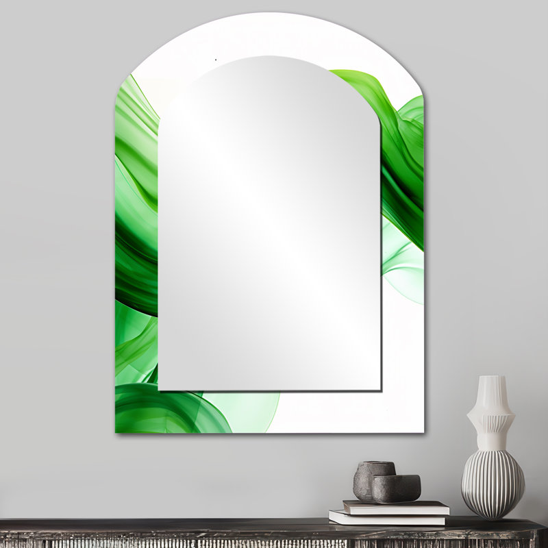 Green and white Fractal Waves IV - Fractal Asymmetrical Large Mirror, Modern Arch Unique Wall Mirror Decor, Printed Metal Art