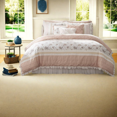 Elegant 9-piece Cotton Comforter Bedding Set, Blush, Farmhouse Style