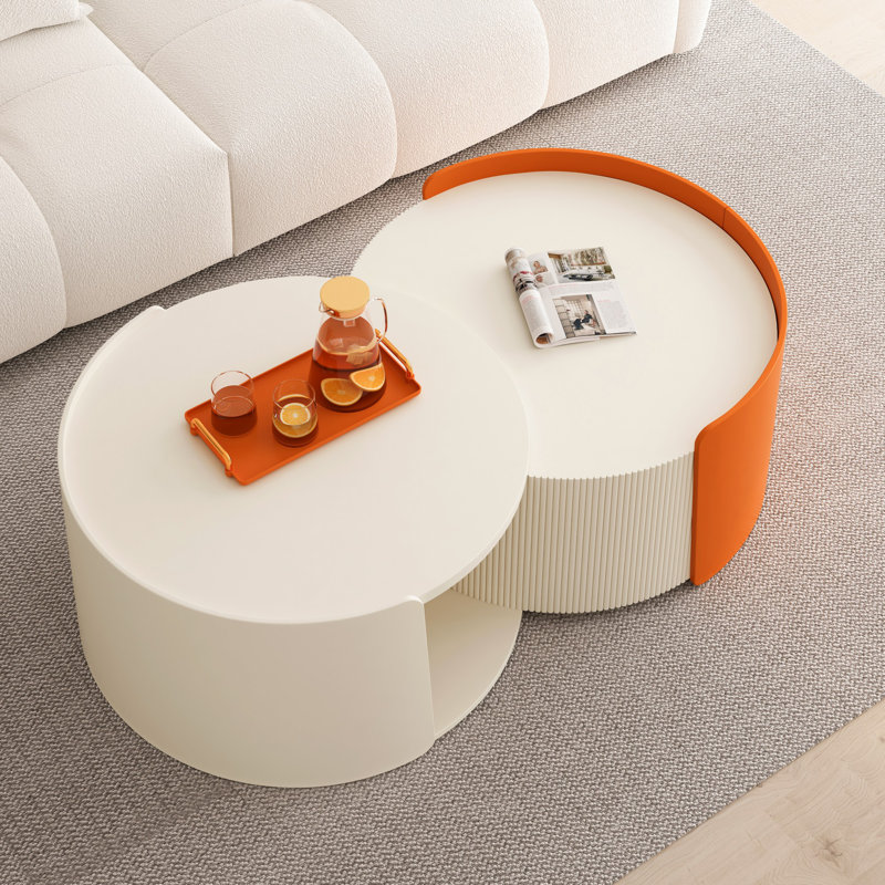 Nesting Coffee Table Set, Round Modern Side Tables With Extendable Sliding Top - No Assembly, Perfect For Small Spaces, Living Room & Office