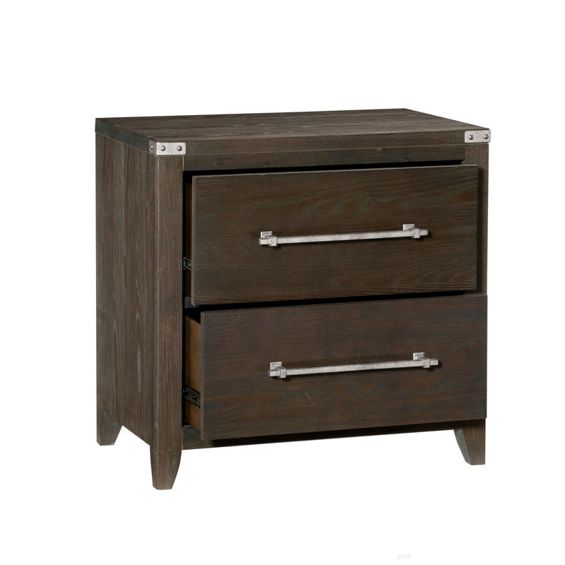 Finition brun foncé 1pc 2 tiroirs table de chevet tachetée barre de ton argenté mobilier de chambre à coucher moderne transitionnel