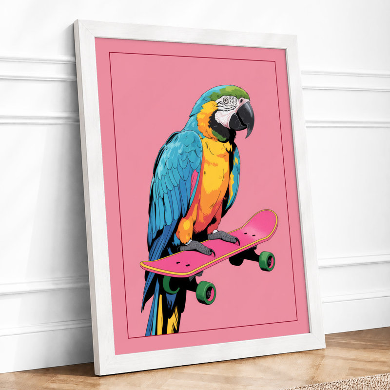 Macaw on Skateboard Modern 1 Piece Single Picture Frame Wall Art, A1 - 84.1 x 59.4 cm, White