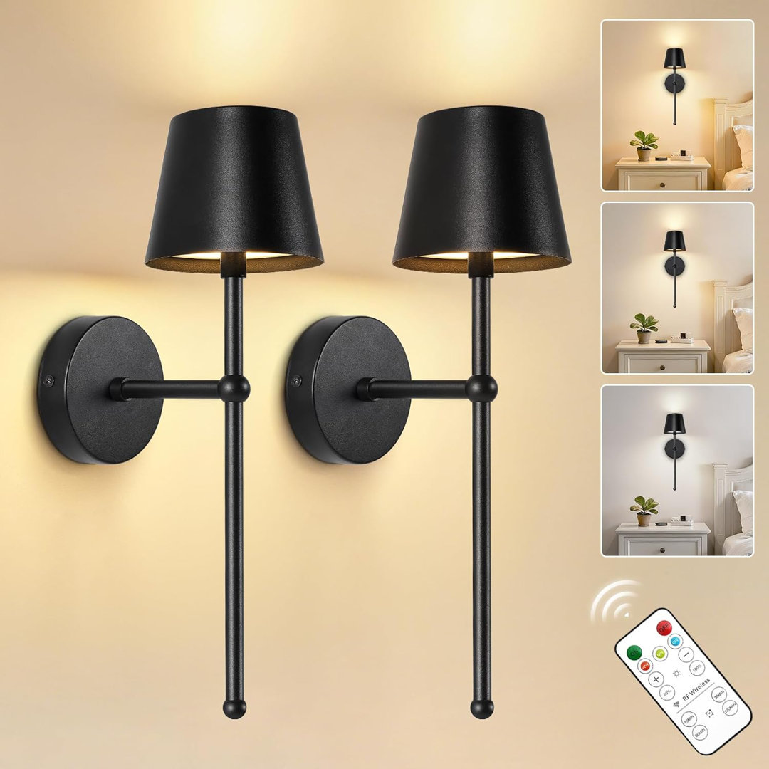 5200mAh Battery Operated Wall Lights Set of 2 Matt Black Rechargeable Wall Light Indoor Cordless Wall Mounted Light with Remote Dimmable Wall Sconce L