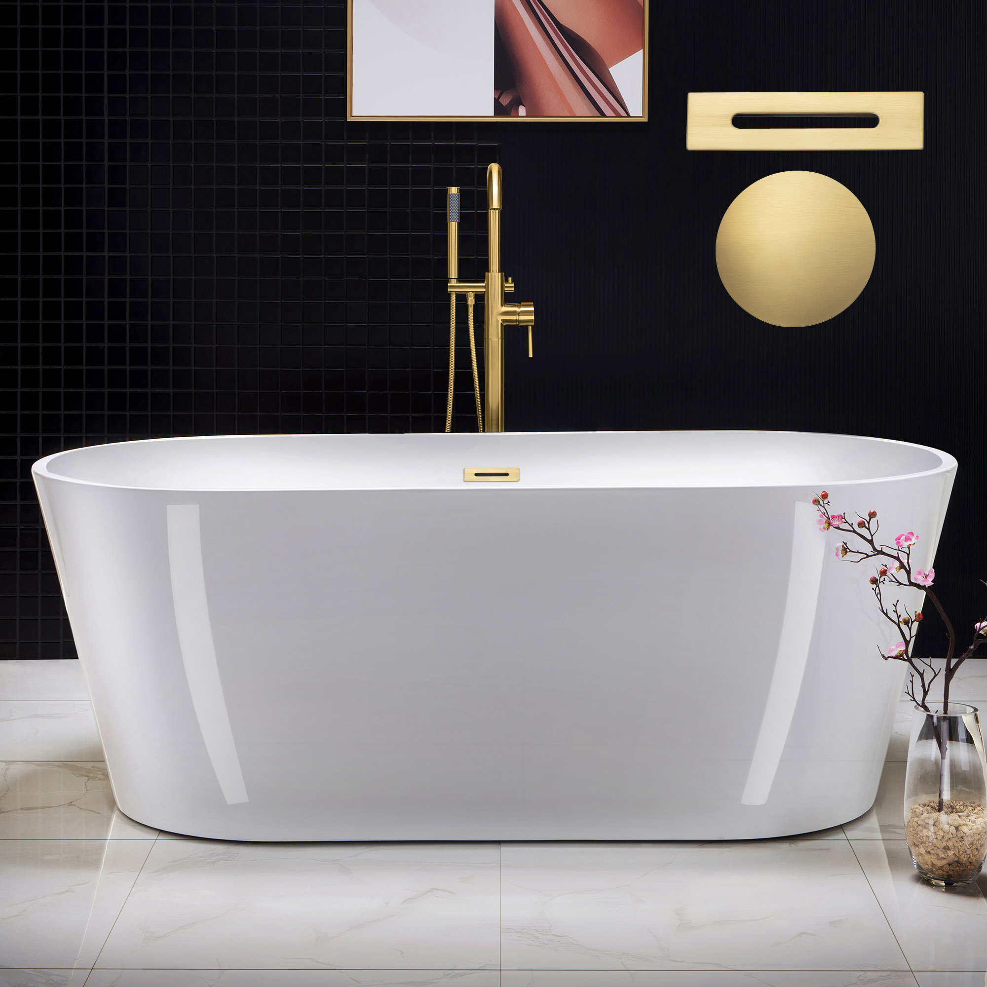 67" x 32" Freestanding Soaking Acrylic Bathtub, Brushed Gold, White