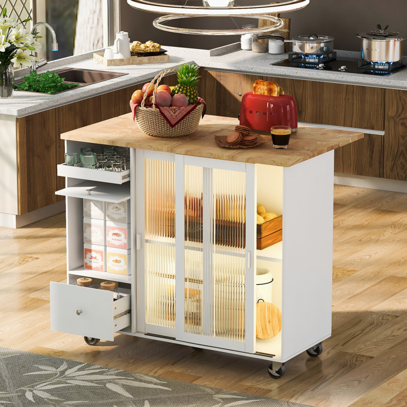 Îlot de cuisine avec abattant, lumière DEL et portes en verre cannelé, parfait pour les cuisines modernes et les solutions de rangement efficaces