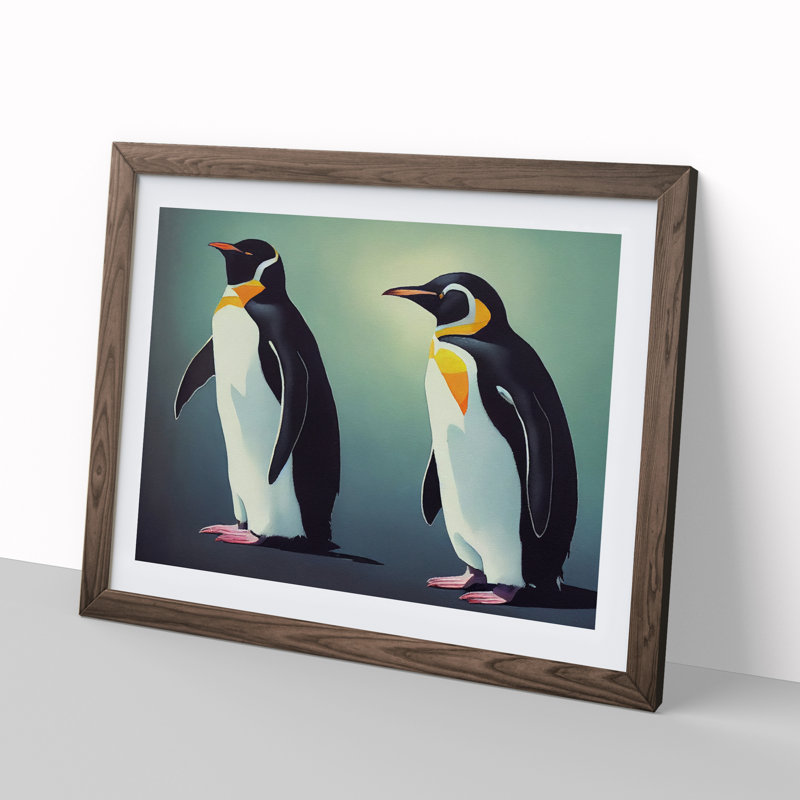 Friendly Penguins - Single Picture Frame Print, 46cm H x 64cm W x 2cm D, Walnut Framed