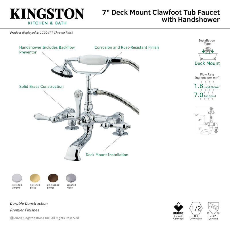 Robinet de baignoire sur pattes à 3 poignées et 2 poignées à fixation sur le comptoir avec douche à main Kingston