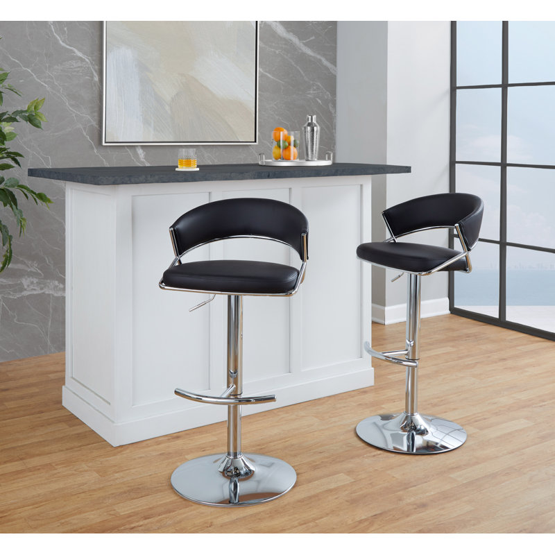Loehr Adjustable Bar Stools with Rounded T Footrest, Chrome, Black Faux Leather