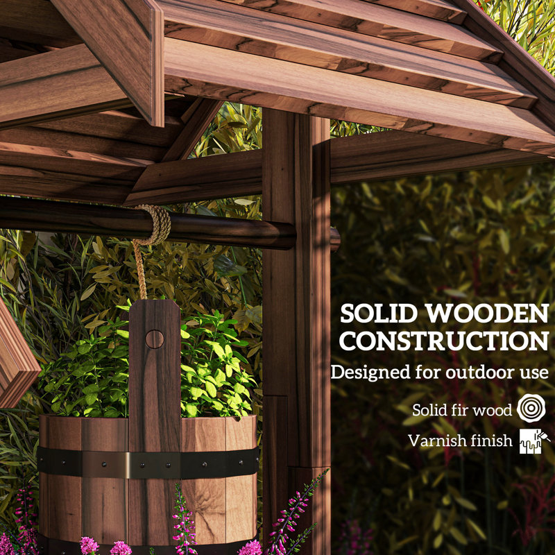Wishing Well Outdoor Wooden Planter with Hanging Bucket, Tan, Carbonized