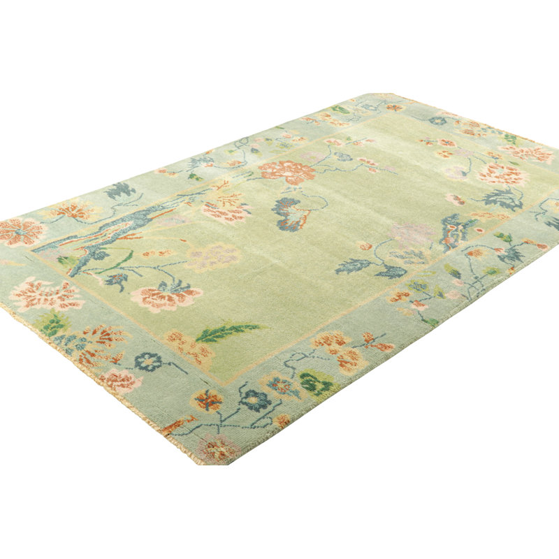 Rug & Kilim’S Chinese Art Deco Style Rug In Green And Blue With Floral Patterns