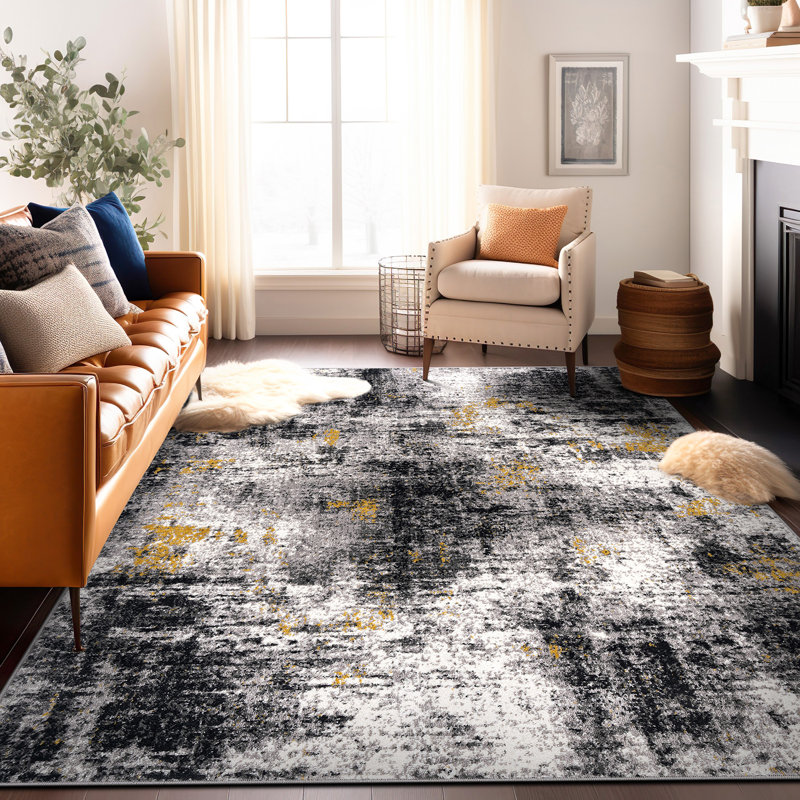 Abstract Yellow/Black/Grey Area Rug, Rectangle 7'10" x 10'