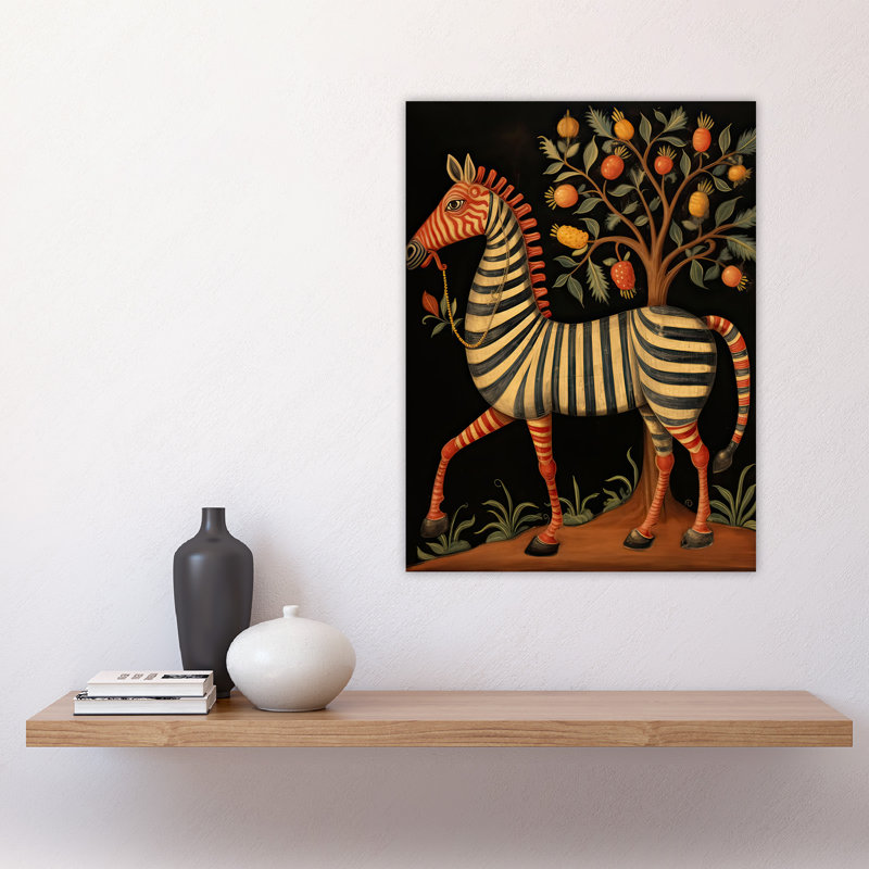 Wall Art Print Whimsical Zebra Posing by Fruit Tree Medieval Bestiary Style Surreal Oil Painting Poster