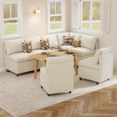 6-Person Corner Breakfast Nook Bench with Storage, Washable Chenille in Beige