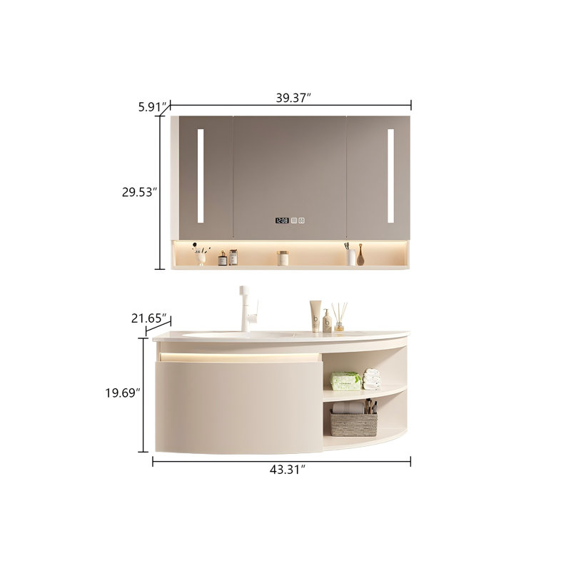 Meuble-lavabo mural 43,31 po en bois d'hévéa massif avec miroir, 43"