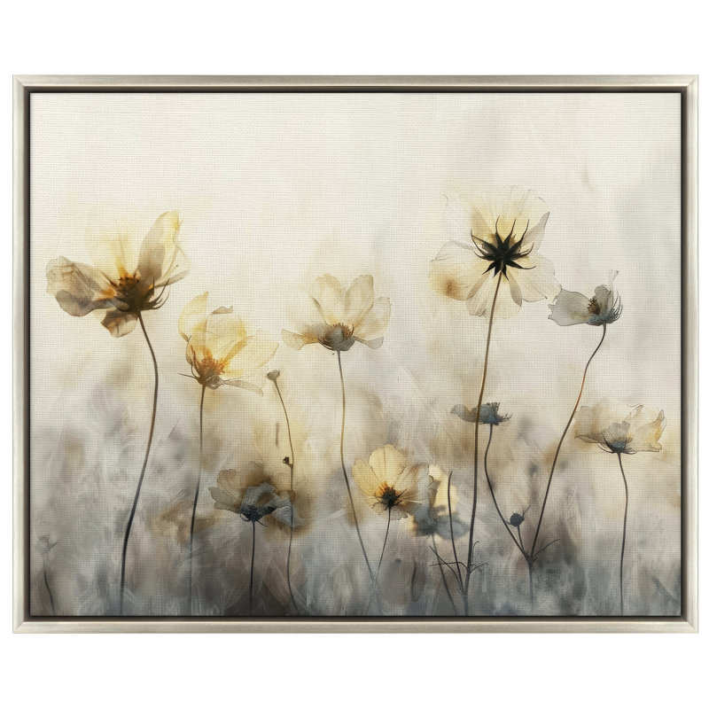 Art mural floral sur toile 16 x 20 avec des fleurs jaunes et beiges douces avec des tons de gris et de crème - Art mural moderne