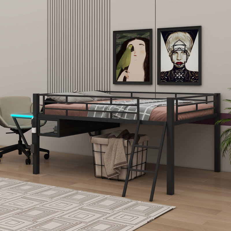 Lit mezzanine mi-hauteur avec bureau intégré et éclairage, disponible en format double