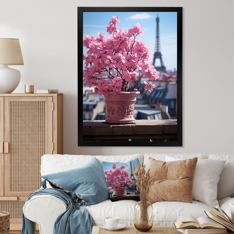 «Pink Paris Parisian Rooftop Views on Toiles», Cadre photo noir, H 20 po x l 12 po x P 1 po