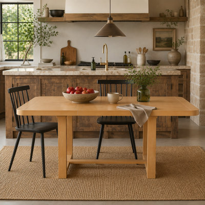 Extendable Solid Wood Dining Table, 60-84inch Rectangular Kitchen Table with Rounded Corners, Removable Leaf, Groove Line Detailing, Stretcher Base &