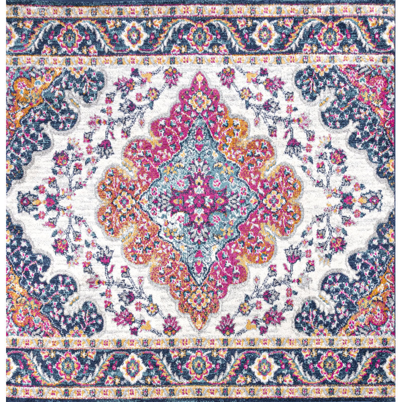 Tapis bleu / jaune / crème Lathan, Carré 4 pi