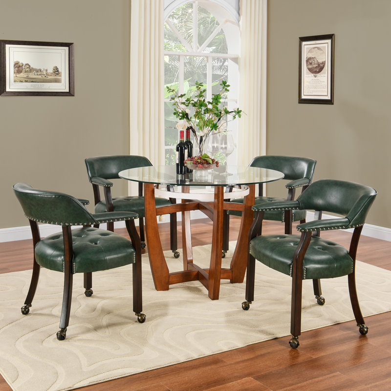 Wexford Collection Mid-Century Modern Upholstered Dining Chair, Faux Leather Wood Accent Chair with Arms and Casters, Single Dining Chair for Dining Room, Vanity or Office