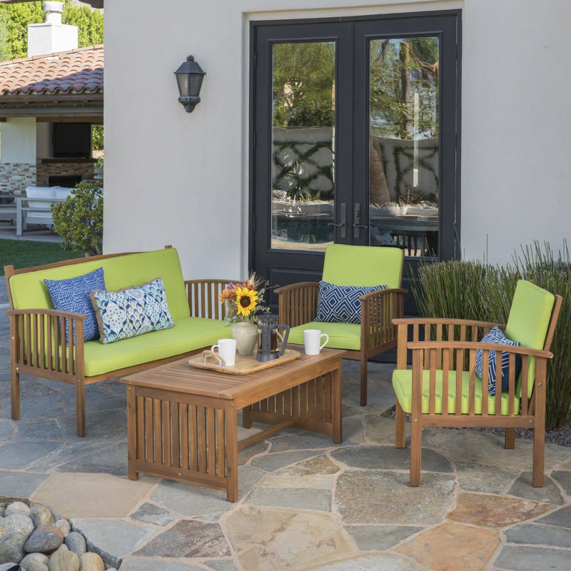 Elwyn 4 Piece Sofa Seating Group with Cushions, Brown Frame/Light Green Cushion