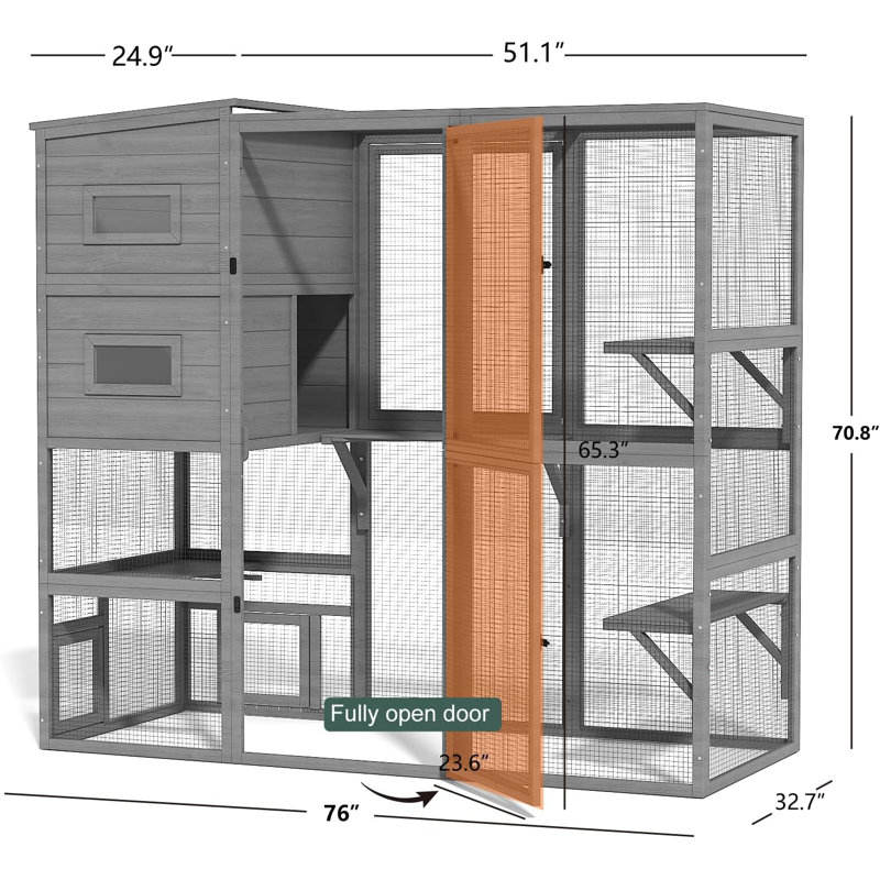 Weatherproof Wooden Outdoor Catio For Multiple Cats With Resting Box And Platform, Gray