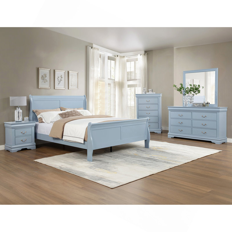 Mobilier de chambre à coucher en bois massif avec lit à panneaux et lit simple bleu, Twin, Blue