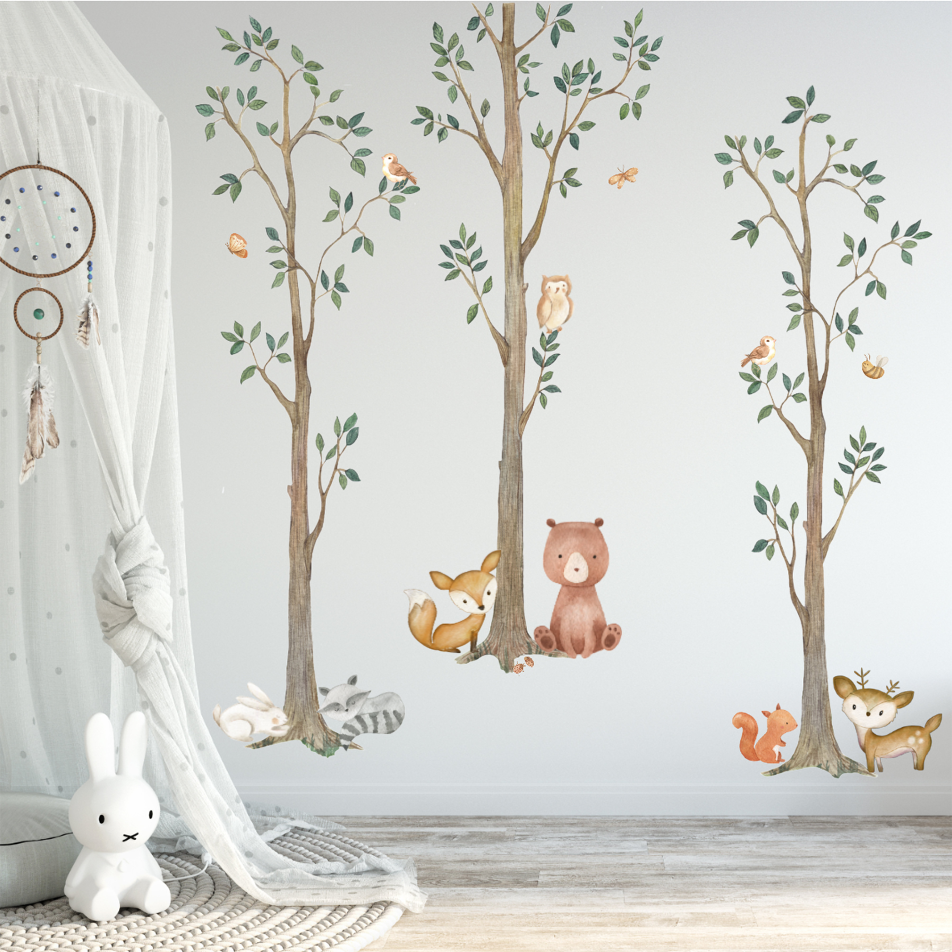 Redwood Rover Woodland Watercolor Wall Tree Decals Fabric Animal Birch Creatures Bear, Fox