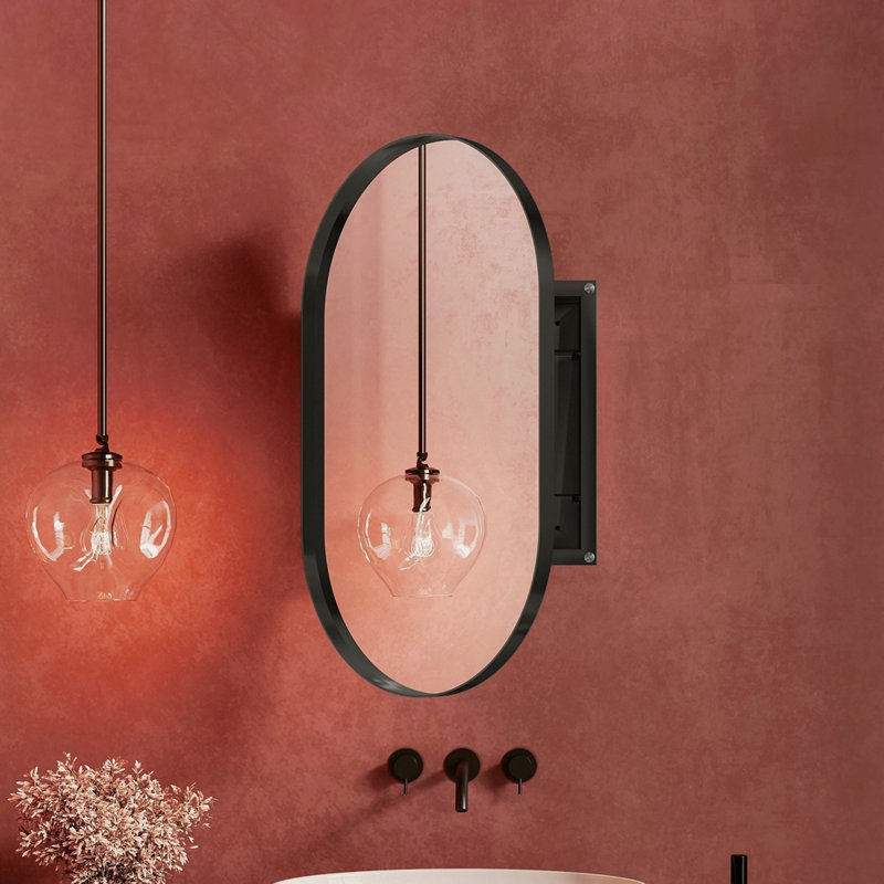 20X34 Inch Oval Recessed Medicine Cabinet, Metal Framed Bathroom Wall Cabinet With Mirror And Adjustable Shelves, Wall Mirror With Storage For Bathroom