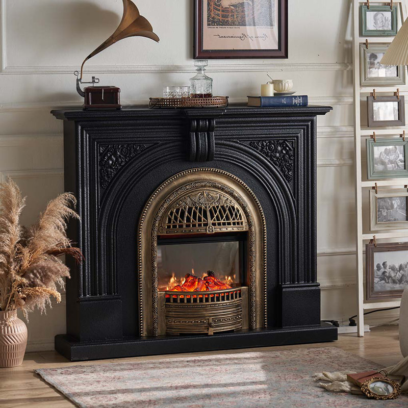 French-style Carved Heating Fireplace, Black/Antique Brass