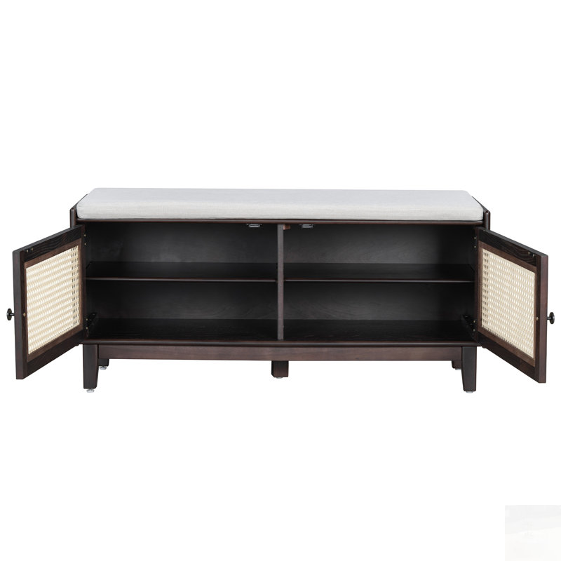 Banc d'entrée en rotin avec rangement Boho, banc à chaussures rembourré avec portes doubles, banc de rangement en bois