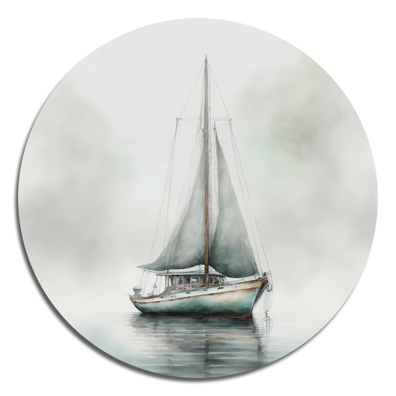 Voilier ancré dans le brouillard - art en métal rond côtier, H 16 po x l 16 po
