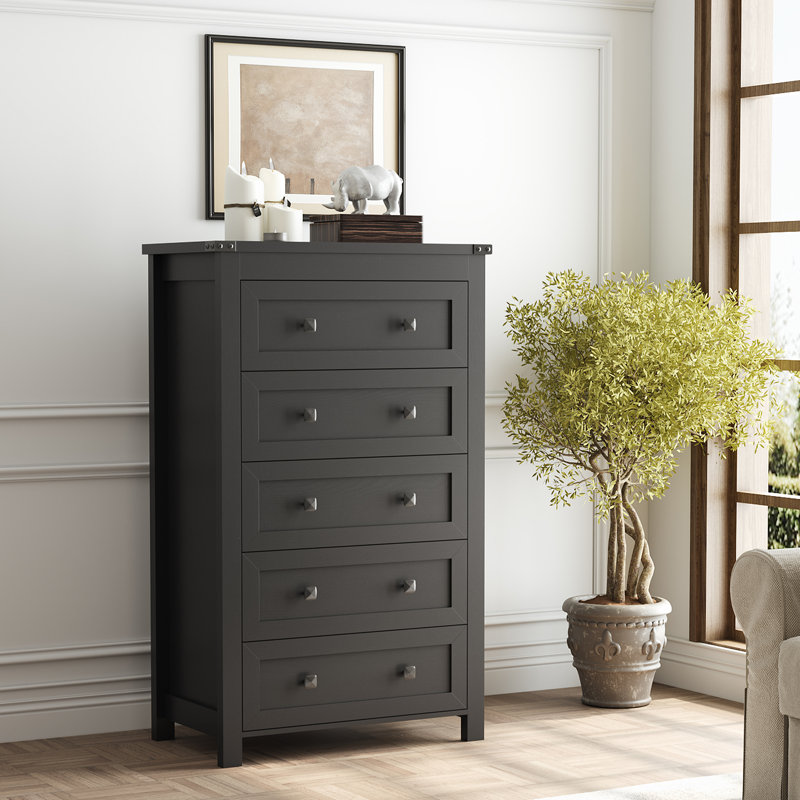 Lasharon 15.75"W Narrow 5-Drawer Dresser w/Slide Rails & Anti-Tip, Space-Saving Bedroom Storage, Black/Gold/Sturdy
