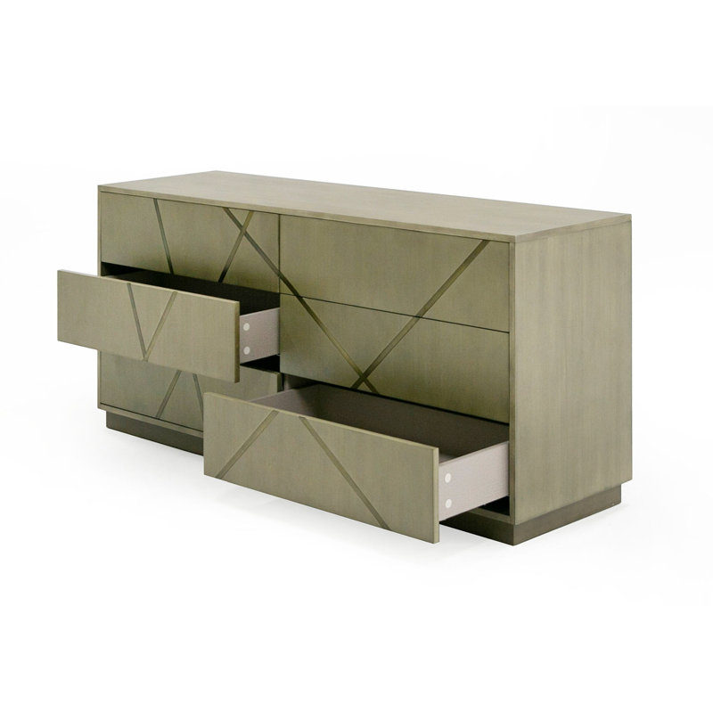 Commode Cid Ren, 6 tiroirs avec détails en X double, 66 po, placage de bouleau brun