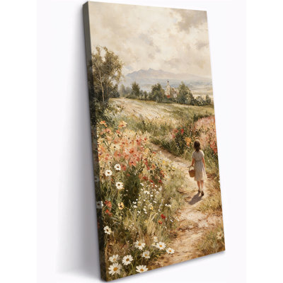 Vertical Vintage Canvas Wall Art, Country Girl in Meadow Painting, Floral Nature Field Artwork for Living Room Bedroom Entryway Kitchen, Rustic Wall Art Canvas Decor Ready to Hang 12×24 Inch