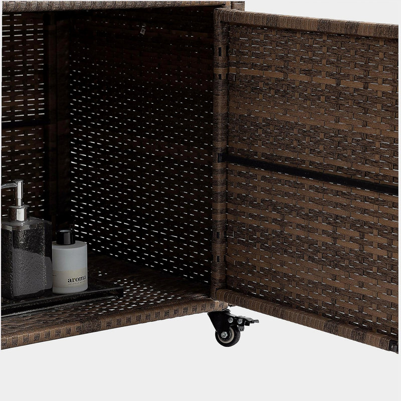 Outdoor wicker bar cart, wheel-mounted terrace wine service cart, rolling wicker drink bar table with glass canopy, for porches, backyards, gardens, poolside parties, light brown