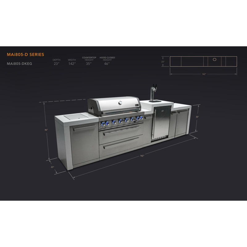 Mont Alpi 6-Burner Deluxe Stainless Steel Island Barbecue Grill + 3 Beer Tap Kegerator Refrigerator