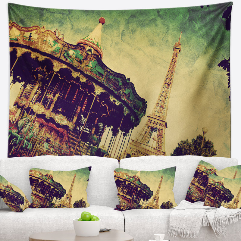 Paysage paris eiffel tower retro style tapisserie, H 68 po x l 80 po