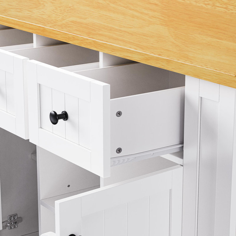 53Inch Large Kitchen Island With 2 Bar Stools, Power Outlet,Door Internal Storage Rack, Kitchen Storage Cart On 5 Wheels With Drop Leaf, 5 Open Side Racks, 3 Drawers, For Kitchen,Dining Room,White