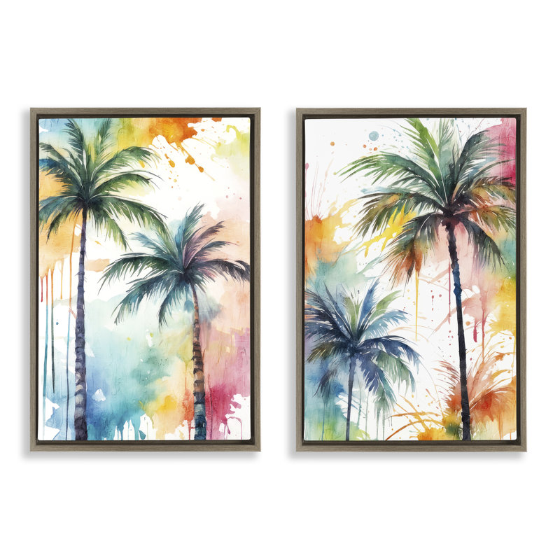 «Watercolor Splash Towering Palms», ensemble de 2 toiles flottantes encadrées dorées par Kim Allen, H 25 po x l 17 po