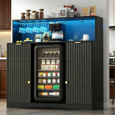 47'' W Black Fluted Wine Cabinet With Fridge Space (18.8''w X 20''d X 31.8''h), Stemware Racks, Storage Drawers, Modern Coffee Bar Cabinet For Dining Room, Kitchen Or Living Room