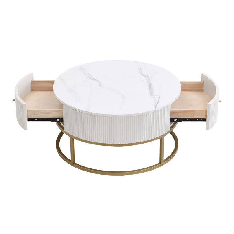 Table basse ronde de 31,5 po avec tiroirs, plateau en faux marbre blanc et structure en fer robuste pour le rangement du salon