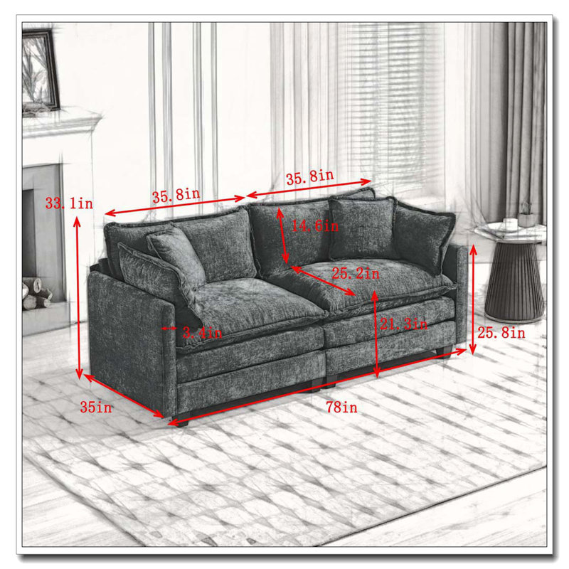 Modern LoveSeat Cloud Sofa,Apartment, Comfy Double Layer Upholstered Seat Cushion, Breathable Chenille Fabric, Grey