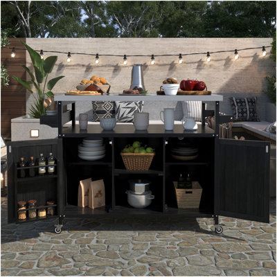 Îlot de cuisine extérieur, chariot à roulettes et armoire de rangement, table de barbecue d'extérieur en bois de ferme avec plateau en acier inoxydable, support à épices, support à serviettes pour la cuisine et le barbecue, noir