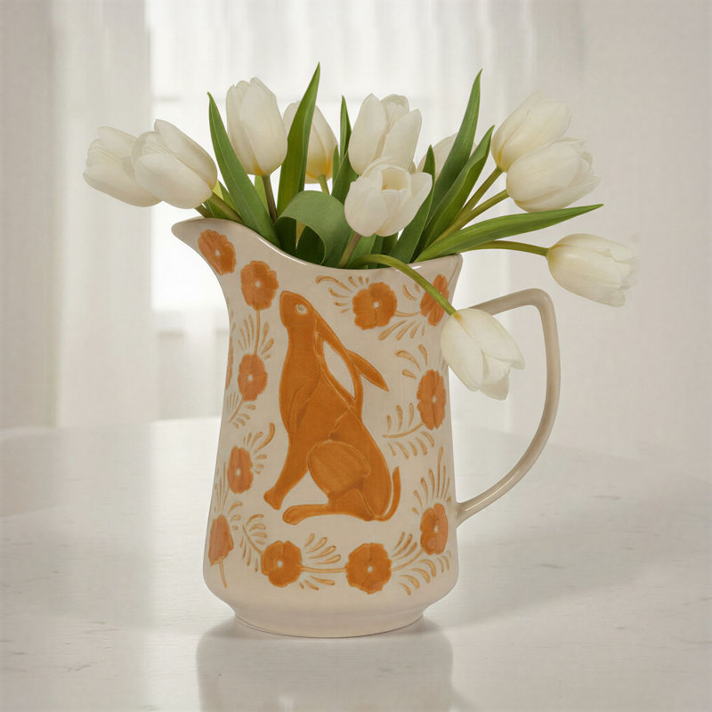 Pichet en grès avec un lapin peint et des fleurs, Brun