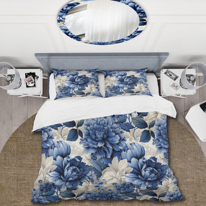 Literie à motif de feuillage victorien bleu cobalt II, Housse de couette pour très grand lit et 2 très